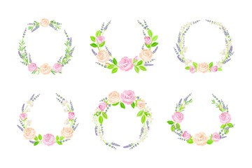 Beautiful Lavender Twigs and Pink Roses Arranged in Circle Wreath Vector Set
