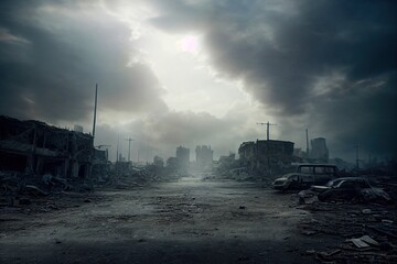 A post-apocalyptic ruined city. Destroyed buildings, burnt-out vehicles and ruined roads. 3D rendering - obrazy, fototapety, plakaty
