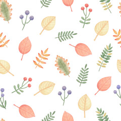 Seamless watercolor autumn pattern with leaves. Background with fall plants