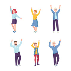 Joyful People Character Standing with Raised Up Hands Cheering About Something Vector Set