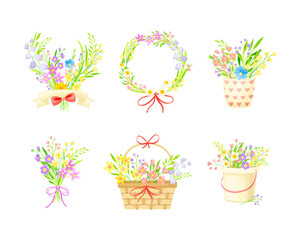 Spring Composition with Blooming Flower Bunches Rested in Flowerpot and Basket Vector Set