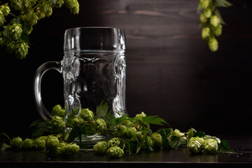 empty beer glass on wooden background with hops