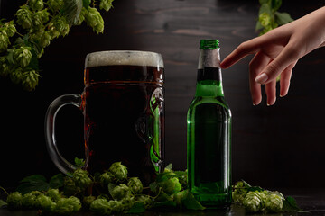 a female hand reaches for a bottle of beer and a glass of beer against the background of hops 