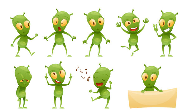 Funny Green Alien Character with Big Eyes and Small Antenna on Head Engaged in Different Action Vector Set