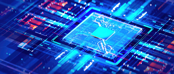 3D rendering of cyberpunk AI. Circuit board. Technology background. Central Computer Processors CPU and GPU concept. Motherboard digital chip. Tech science background.