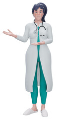 Doctor cartoon character standing, wearing white lab coat and stethoscope. Clip art isolated on background. Professional medical presentation