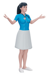 3d render. Cartoon character young women doctor with hands up isolated on background. 