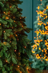 Christmas background, Christmas tree and magical blurred bokeh lights in the background. Soft selective focus.Copy space.