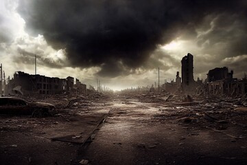 A post-apocalyptic ruined city. Destroyed buildings, burnt-out vehicles and ruined roads. 3D rendering - 530249925