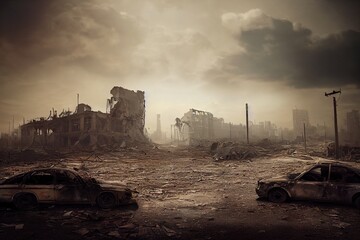 Fototapeta na wymiar A post-apocalyptic ruined city. Destroyed buildings, burnt-out vehicles and ruined roads. 3D rendering