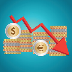 Euro and dollar coins with a red down arrow, recession concept