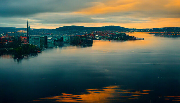 oslo cityscape ocean mountain sweet sky view painting