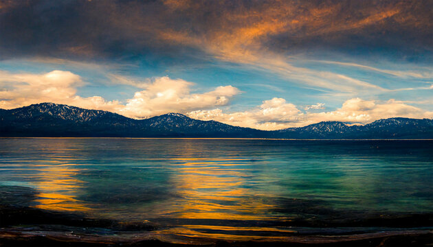 Stunning lake tahoe calm crystal water mountain sky cloud