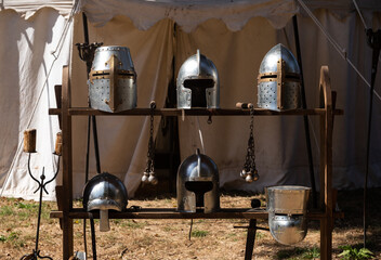Details of an Ancient Knight Helmet, made with Steel, Santa Maria da Feira, Portugal.