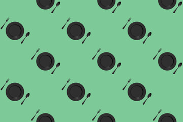 pattern. kitchen utensils on a pastel green background. fork, spoon, plate. Template for surface application. Flat lay. Horizontal image. 3D image. 3D rendering.