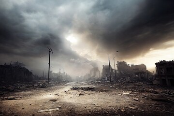 A post-apocalyptic ruined city. Destroyed buildings, burnt-out vehicles and ruined roads. 3D rendering - 530250749