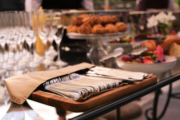 cutlery fork and knife on the buffet table close-up