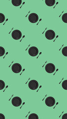 pattern. kitchen utensils on a pastel green background. fork, spoon, plate. Template for surface application. Flat lay. Vertical image. 3D image. 3D rendering.