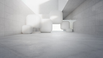 Empty white concrete floor in minimal architecture. 3d rendering of abstract gray building with smooth cube sculpture background.