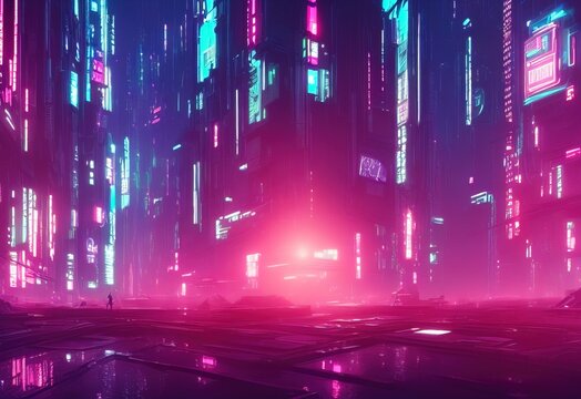 Cyberpunk Industrial Abstract Future Wallpaper. Futuristic concept. Blue pink violet Evening urban landscape. 3D illustration.