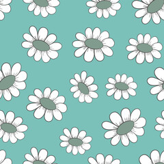 Fototapeta na wymiar Seamless floral pattern based on traditional folk art ornaments. Colorful chamomile, daisy flowers on color background. Doodle style. Vector illustration. Simple minimalistic pattern