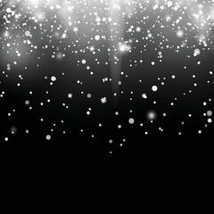 Xmas or New Year background with falling snowflakes isolated on black. Vector