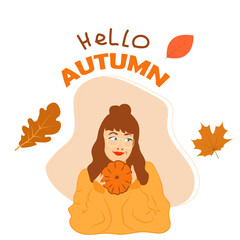 a red-haired girl with glasses with a pumpkin in her hands, autumn hello, leaves.. a warm sweater . banner illustration vector