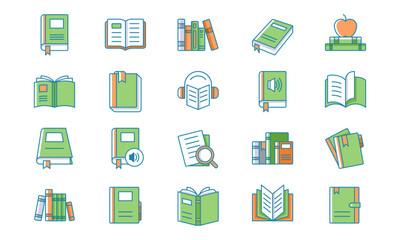 Book and literature icon set in fill outlined style. Suitable for design element of education, science, and learning app symbol.