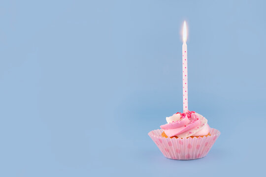 birthday  berry muffins    in pink wrappers with a candle on a blue background  high-quality photos for calendar and cards. Space for text