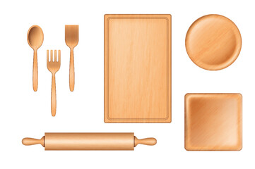 Set of realistic wooden kitchenware rolling pin, cutting board, tray, plate, spoon, fork and spatula
