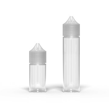 Empty 30ml And 60ml Unicorn Vape Juice Bottle Filled With Clear Liquid Juice And Isolated On A White Background. 3D Render Illustration