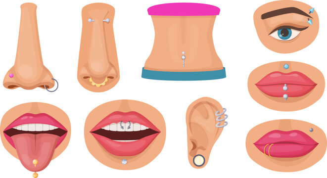 Piercings of different parts of human body set. Metallic steel rings and jewelry in nose, ear, eyebrow, lips, tongue and navel. Fashion accessories and jewelry