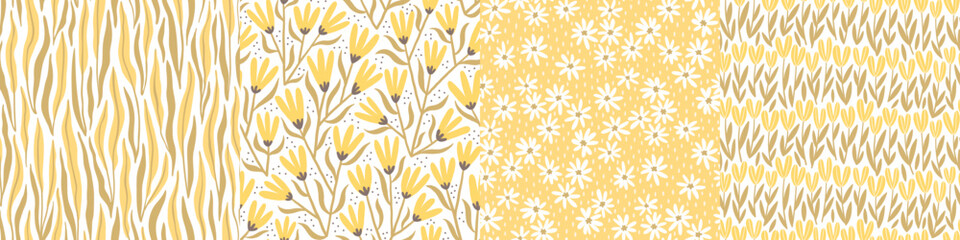 Set of hand-drawn seamless patterns with stylized wildflowers. Colorful floral illustrations for paper and gift wrap. Fabric print textured design. Creative stylish meadow background.