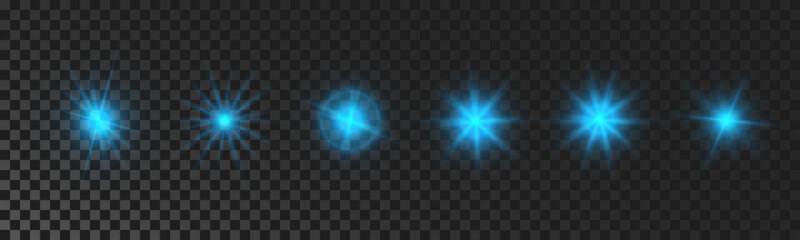 Set of blue glowing sparkling stars