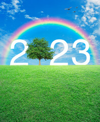 Fototapeta premium 2023 with tree on green grass field over rainbow, birds and blue sky with white clouds, Happy new year 2023 ecological concept