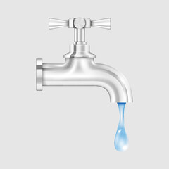 Realistic silver water tap with drop. Chrome steel faucet with dripping water isolated on gray