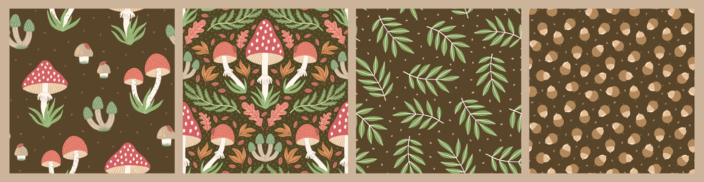 Set of hand-drawn seamless patterns with wild mushrooms and autumn leaves. Colorful seasonal illustration for paper and gift wrap. Fabric print design. Creative stylish background.
