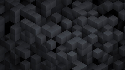 3d cubes abstract background. Black isometric digital technology futuristic blocks on dark surface. 