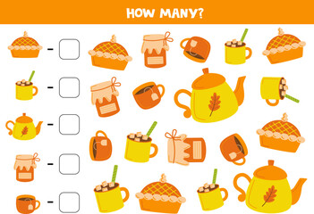Counting game with cute autumn items. Math worksheet.
