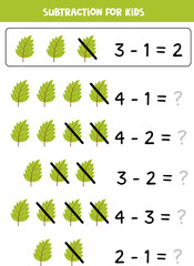 Subtraction with green leaf. Educational math game for kids.