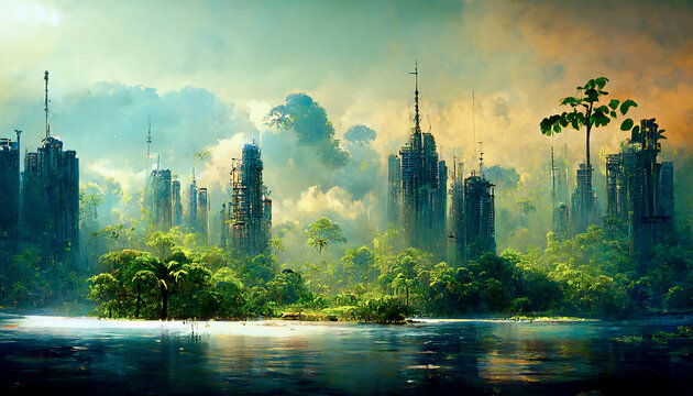Solarpunk Future With Man And Nature In Harmony