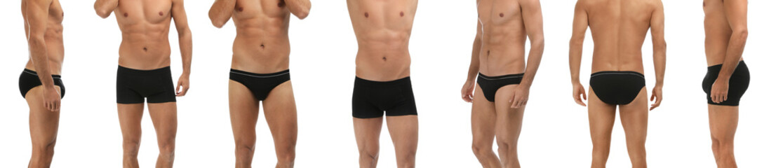 Collage with photos of man wearing underwear on white background, closeup. Banner design