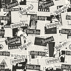 seamless pattern with a collage of newspaper clippings. Abstract background with unreadable text, titles and illustrations. Wallpaper, wrapping paper or fabric design in retro vintage style