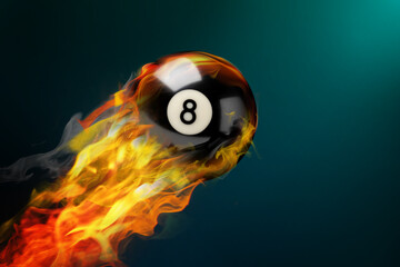 Billiard ball with number 8 in fire flying on color background