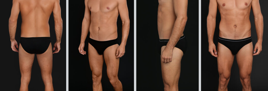 Collage with photos of man wearing underwear on black background, closeup. Banner design