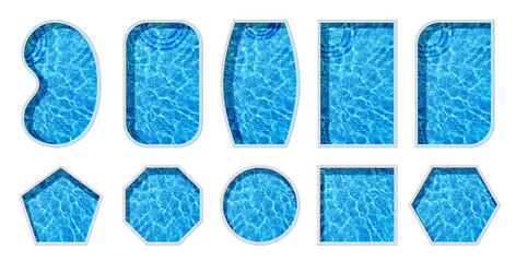 Set with swimming pools of different shapes on white background, top view. Banner design