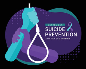 Suicide prevention awareness month text and ribbon sign, hand hold hand to stop kill yourself by hanging on dark purple background vector design - obrazy, fototapety, plakaty