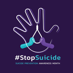 Suicide prevention awareness month - hands to stop kill yourself by hanging in line stop hand sign on dark purple background vector design