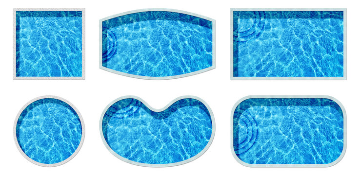Set with swimming pools of different shapes on white background, top view. Banner design