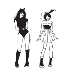 Hand drawn ink young girls wearing Halloween costumes